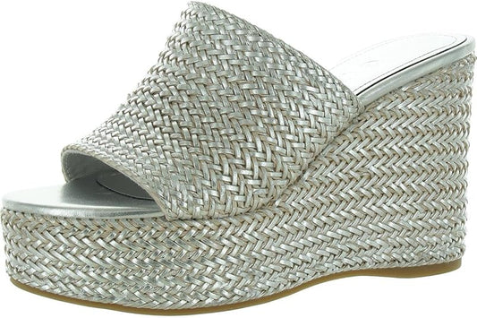 GUESS Women's Yenisa Platform Slip-On Mule Sandals  Silver Metallic Weave Size 7