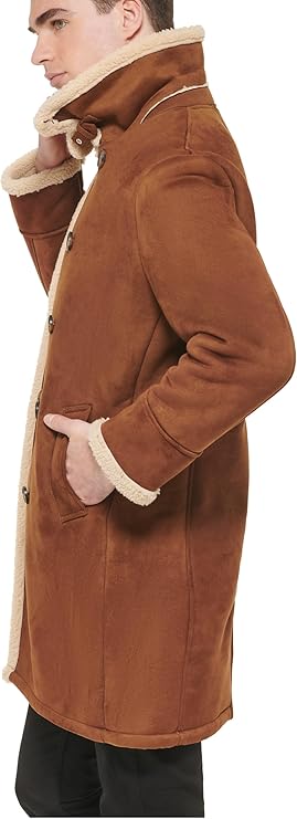 GUESS Men's Warm Faux-Shearling Overcoat  Cognac Size S