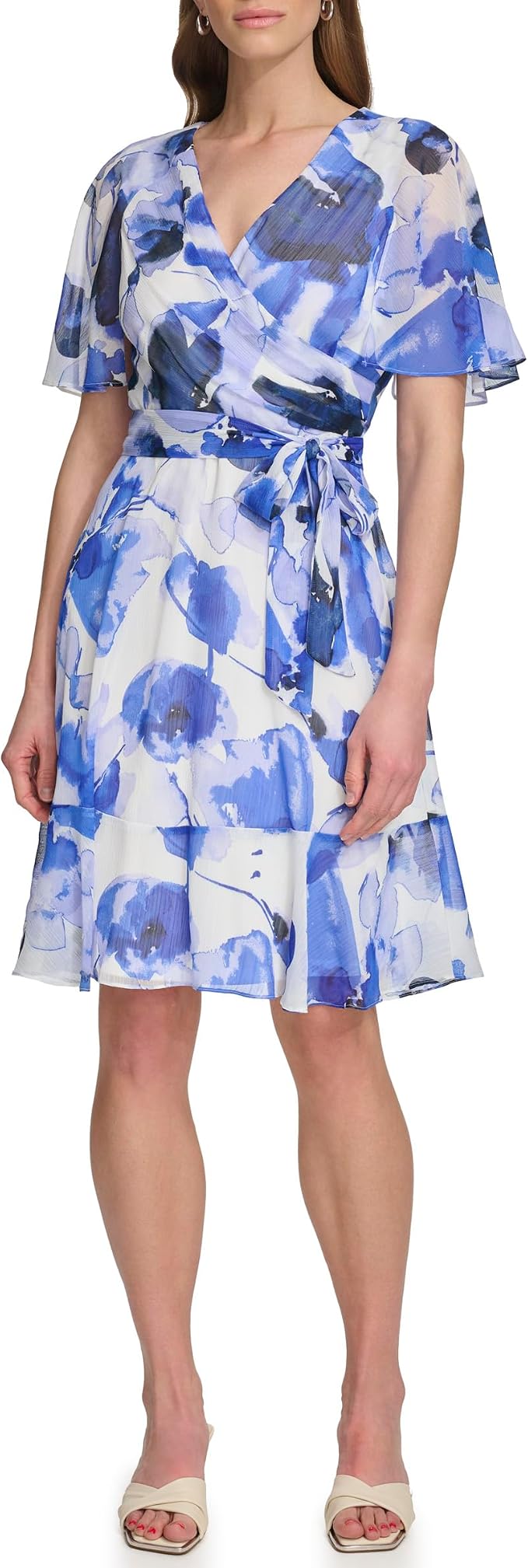 DKNY Women's Surplice-Neck Cape-Sleeve Chiffon Dress  Marine Multi Size 8 (No Tag)