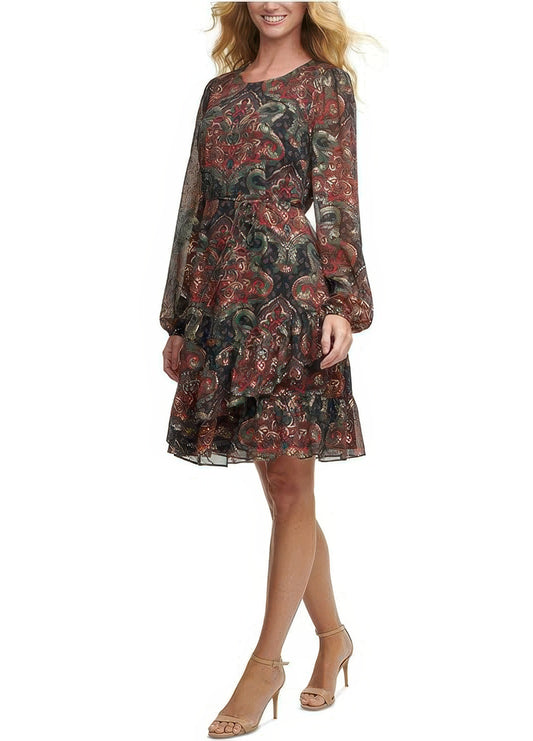 Tommy Hilfiger Printed Party Fit & Flare Dress  Color Black Multi Size 6