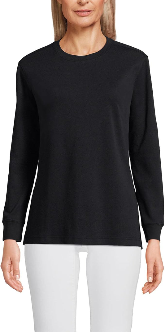 Lands End Women's Long Sleeve Cotton Interlock Crew T-Shirt  Black Size M