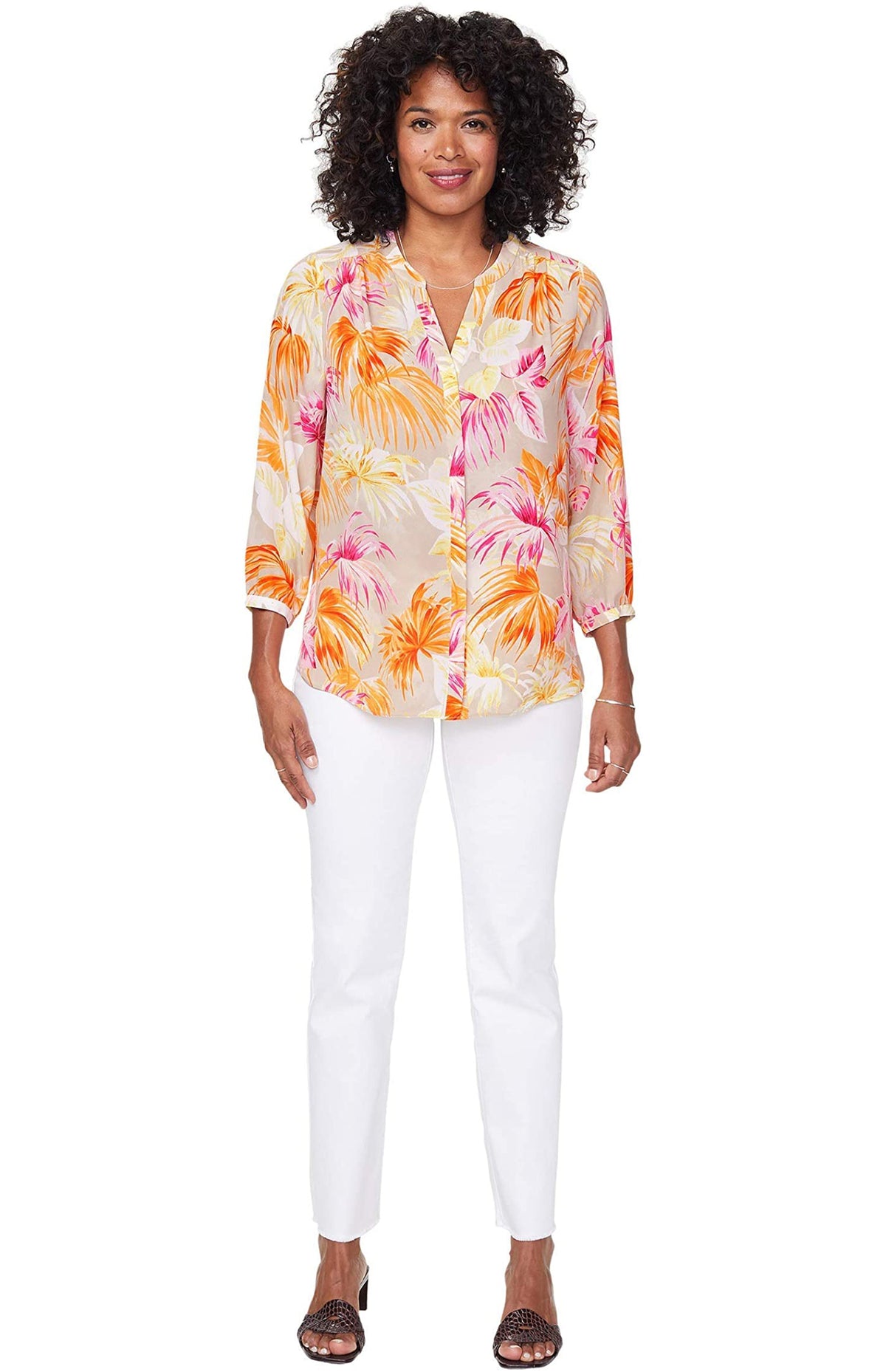 NYDJ Women's 3/4 Sleeve Pintuck Blouse  Beach Garden Size XS