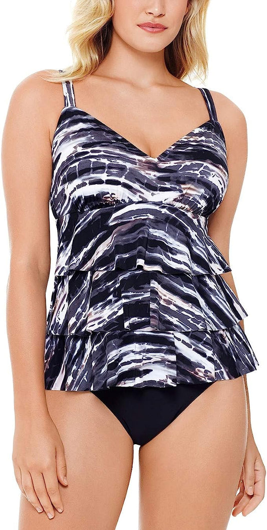 Swim Solutions Women's Printed Tiered Tummy-Control One-Piece Swimsuit  Color Coastal Plates Black Size 12