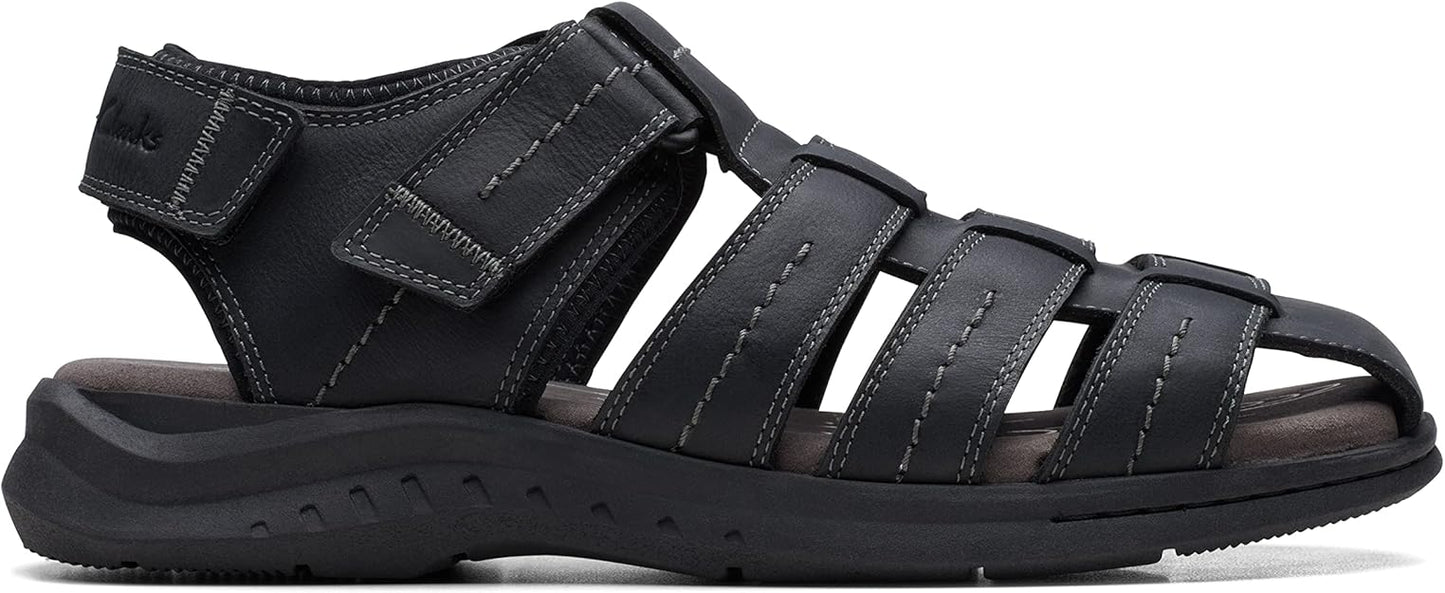 Clarks Men's Walkford Fish Tumbled Leather Sandals   Black Tumbled Size 10