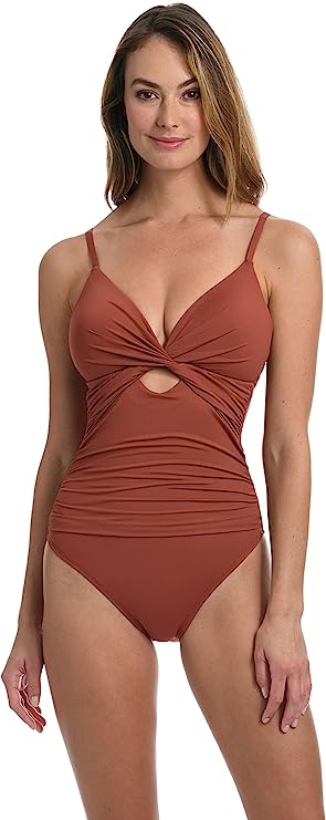 La Blanca Twist-Front Keyhole One-Piece Swimsuit  Color Cinnamon Size 14