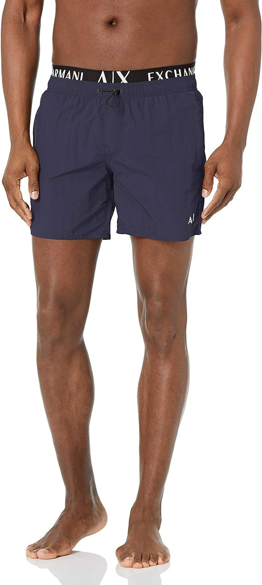 AX Armani Exchange Men's Layered-Look Logo-Print  Boxer Swim Shorts Color Navy Blue Size S