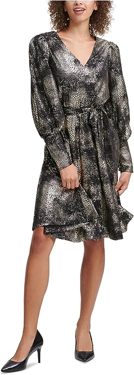Calvin Klein Foil-Printed Wide Sleeve V-Neck Belted Dress  Color Black Size 14