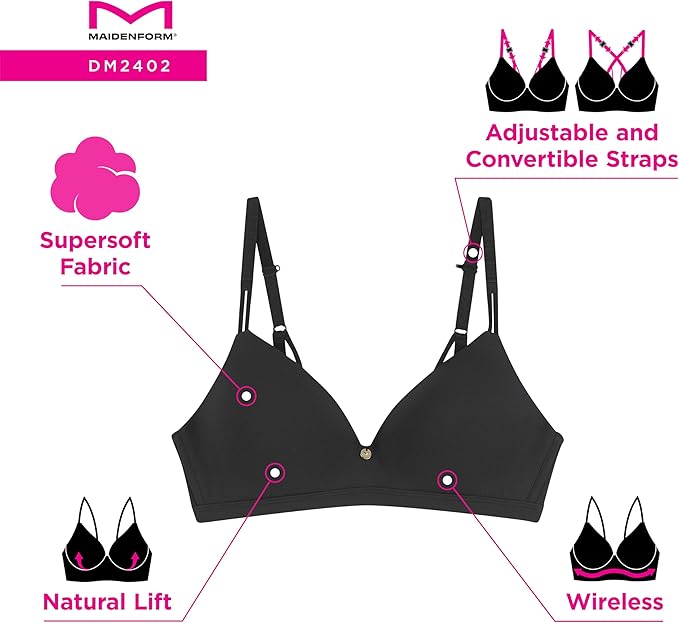Maidenform Everyday Luxe T-Shirt Wireless Convertible Bra  Black Size 34C