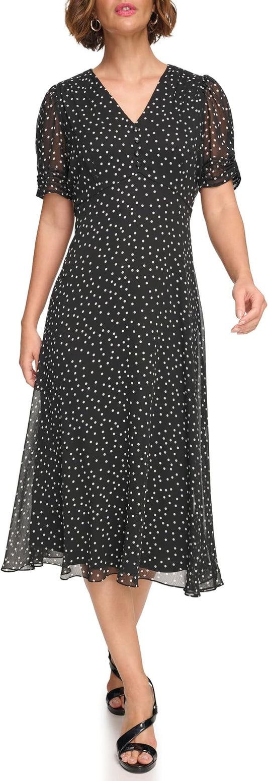 DKNY Women's Polka-Dot V-Neck Fit & Flare Midi Dress  Black/Ivory Size 4