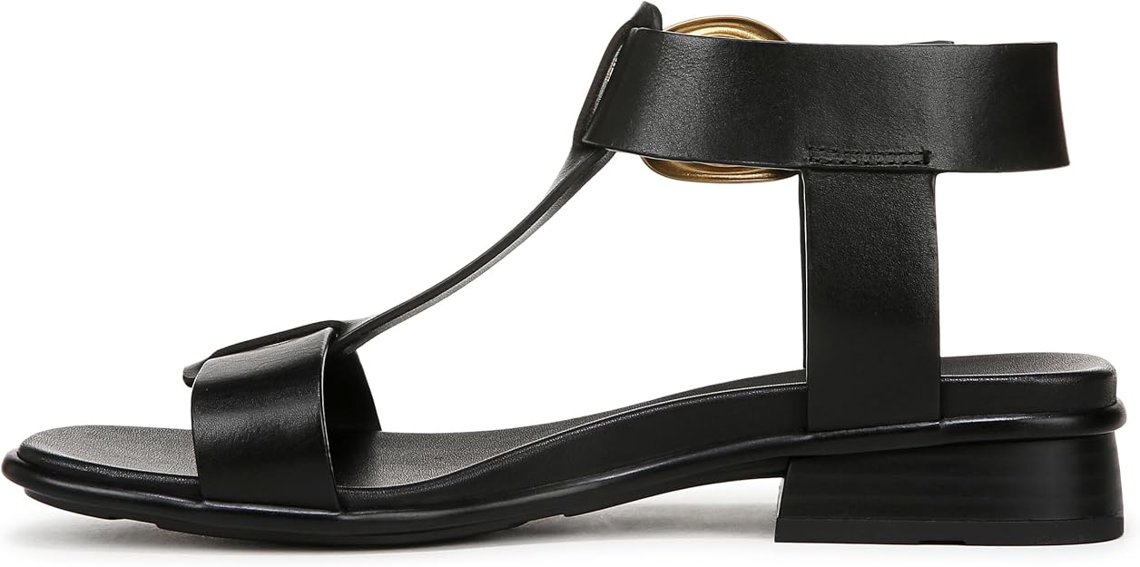 Naturalizer Women's Brandy T-Strap Block Heel Sandals  Coastal Black Leather Size 7