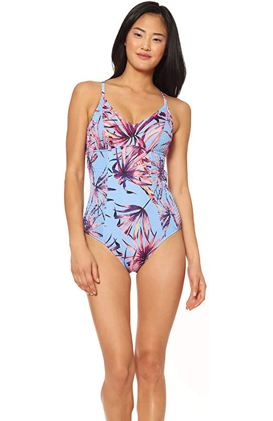Jessica Simpson Palmy Days Camisole One-Piece Swimsuit  Color Lilac Palm Print Size L