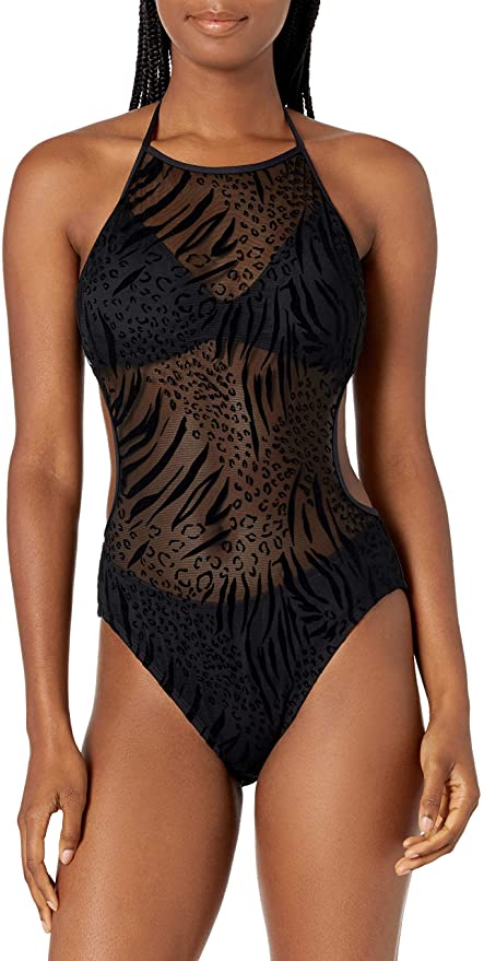 Kenneth Cole New York Bandeau Mio One Piece Swimsuit  Color Black/Sheer Pleasure Size L