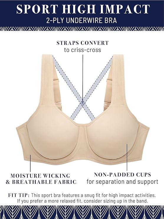 Vanity Fair 2-Ply High Impact Underwire Sport Bra  Damask Neutral Size 44D