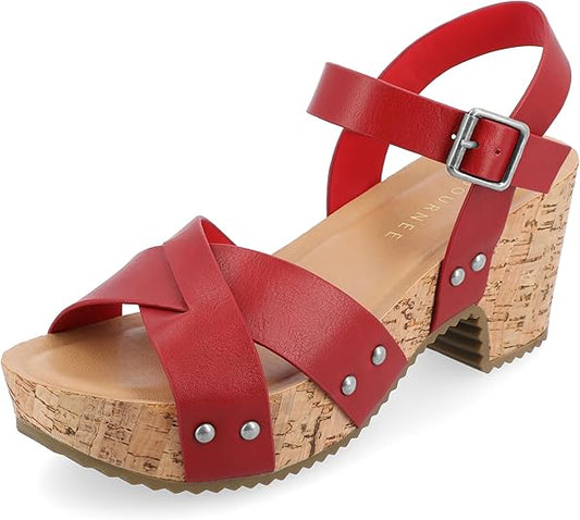 Journee Collection Valentina Crisscross Studded Block Cork Heel Sandal  Red Size 7.5