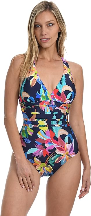 La Blanca X-Back Tummy-Control One-Piece Swimsuit  Indigo Multi Size 8