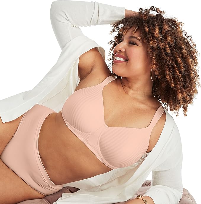 Playtex Secrets Smoothing Wireless Full-Coverage T-Shirt Bra  Pink Stripe Size 44D