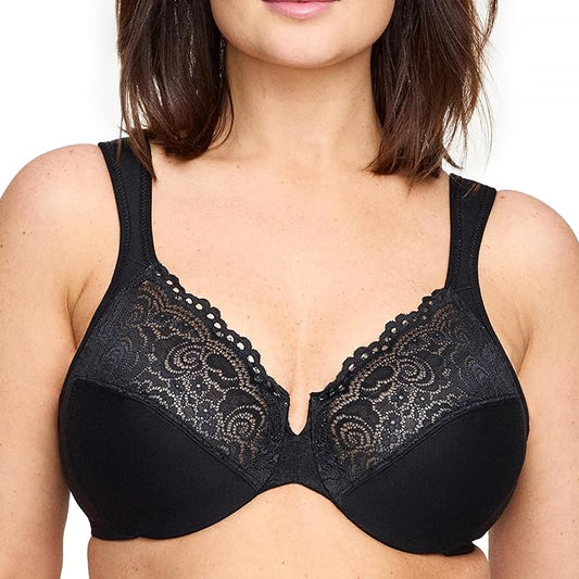 Glamorise Plus Size Low Cut Wonderwire Lace Underwire Bra  Black Size 34D