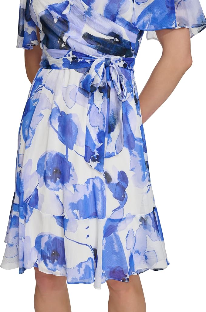 DKNY Women's Surplice-Neck Cape-Sleeve Chiffon Dress  Marine Multi Size 8 (No Tag)