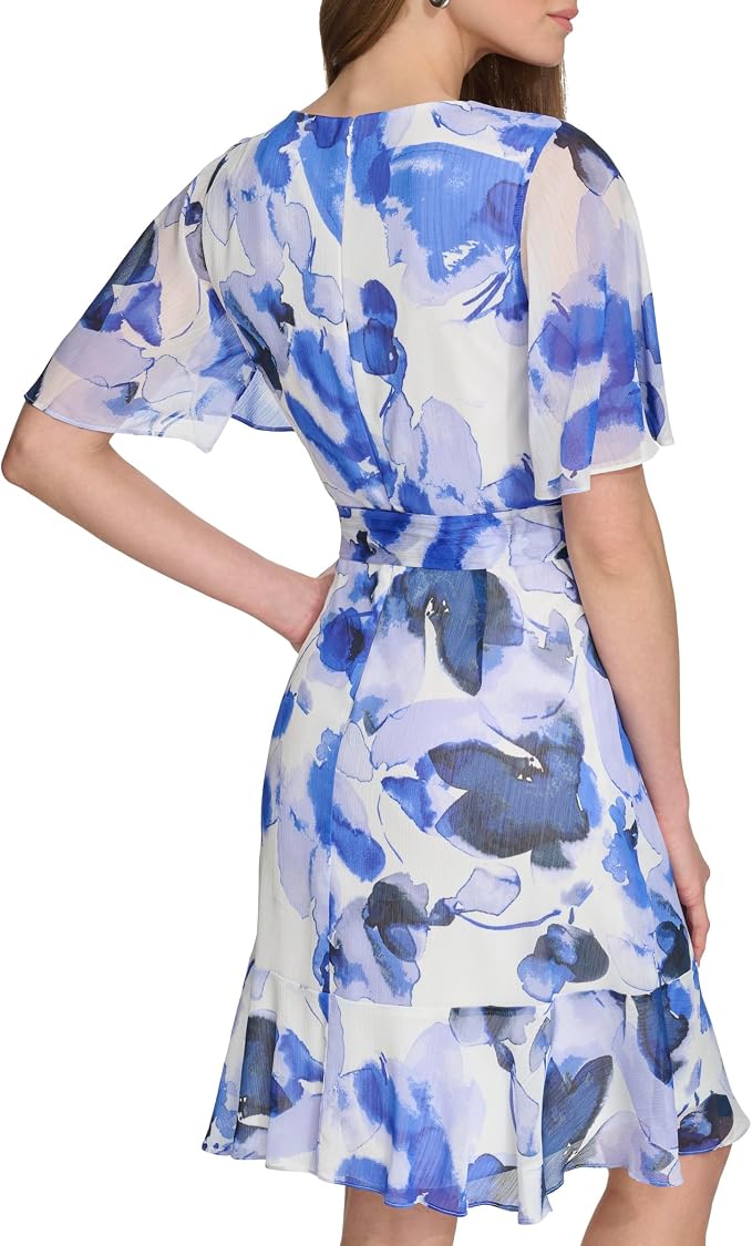 DKNY Women's Surplice-Neck Cape-Sleeve Chiffon Dress  Marine Multi Size 8 (No Tag)
