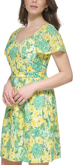 kensie Printed Eyelet Fit Flare Mini Dress  Citron Multi Size 4