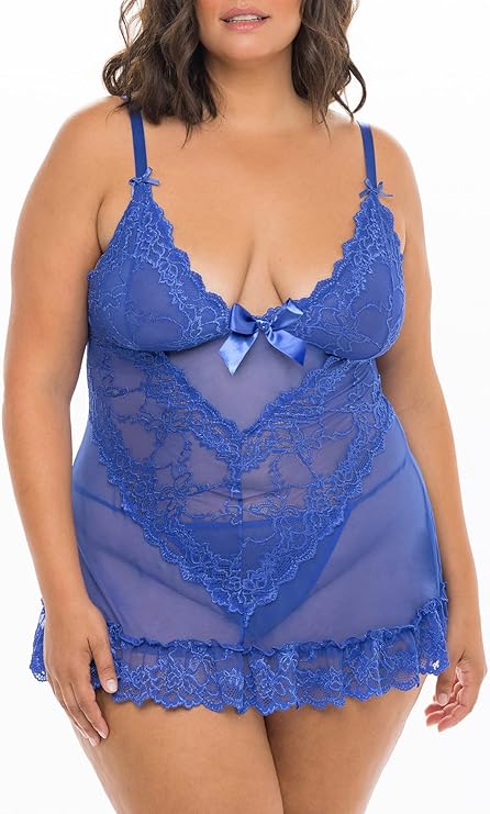 Oh La La Cheri Soft Cup Lacey Babydoll w/ Bows & G-String  Dazzling Blue Size S