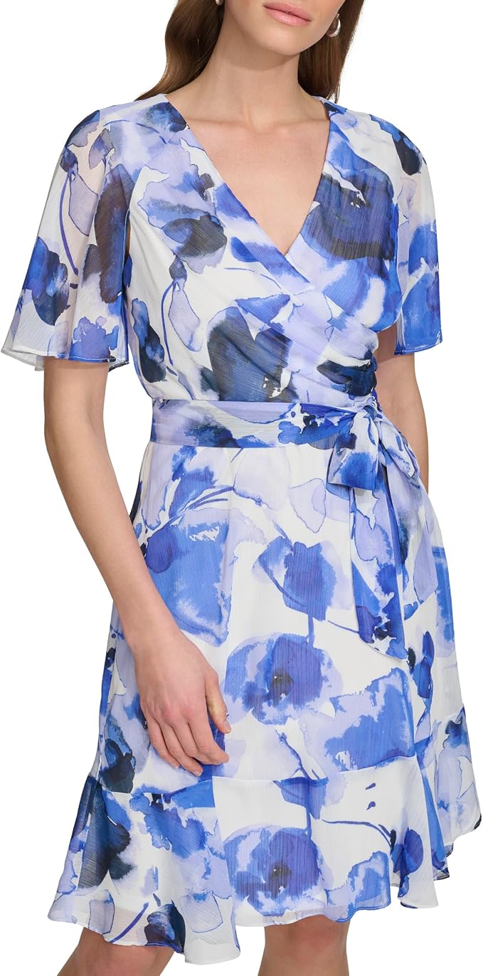 DKNY Women's Surplice-Neck Cape-Sleeve Chiffon Dress  Marine Multi Size 8 (No Tag)