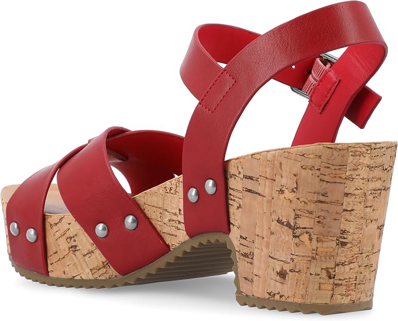 Journee Collection Valentina Crisscross Studded Block Cork Heel Sandal  Red Size 7.5