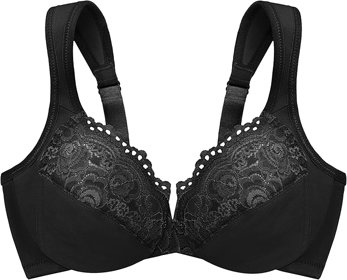 Glamorise Plus Size Low Cut Wonderwire Lace Underwire Bra  Black Size 34D