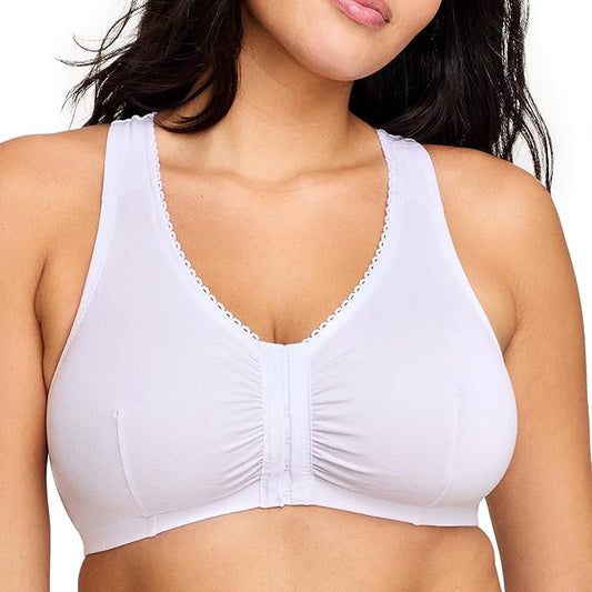 Glamorise Plus Size Front-Closure Cotton T-Back Wirefree Bra  White Size 38B/C/D