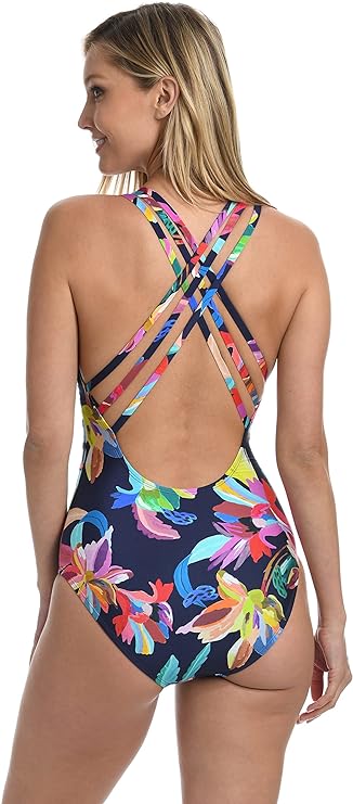 La Blanca X-Back Tummy-Control One-Piece Swimsuit  Indigo Multi Size 8