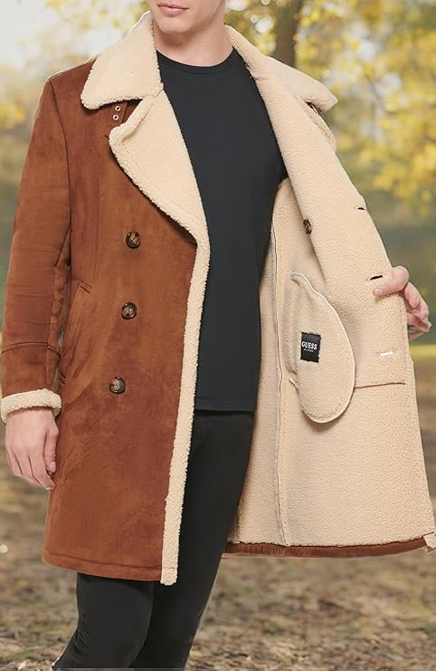 GUESS Men's Warm Faux-Shearling Overcoat  Cognac Size S