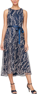 Alex Evenings Women's Metallic Floral Embroidered Midi Dress  Navy/Pink Size 4