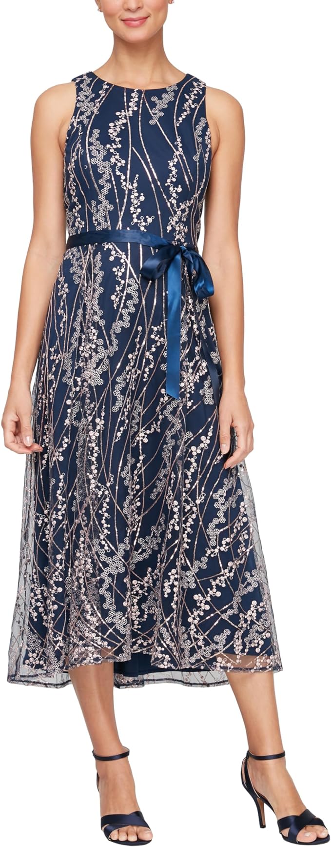 Alex Evenings Women's Metallic Floral Embroidered Midi Dress  Navy/Pink Size 4