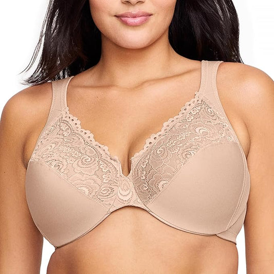 Glamorise Plus Size Low Cut Wonderwire Lace Underwire Bra  Cafe Size 44DD
