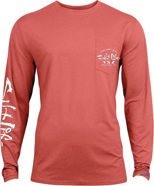 Salt Life Men's Waterman Trifecta Long Sleeve Pocket Tee Burnt Coral Heather Size L