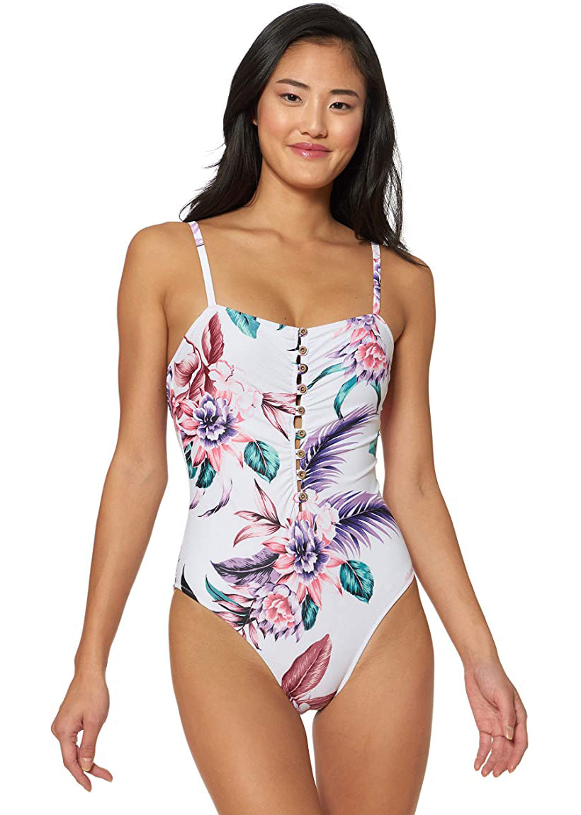 Jessica Simpson Straight Neck One-Piece Swimsuit Bathing Suit  Color White Multi Size S