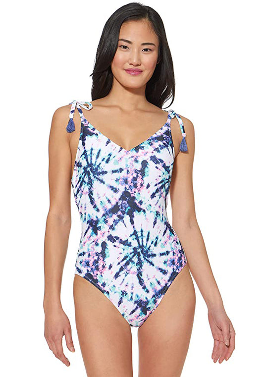 Jessica Simpson V-Neck One-Piece Swimsuit Bathing Suit  Color Mist Tie Dye Size M