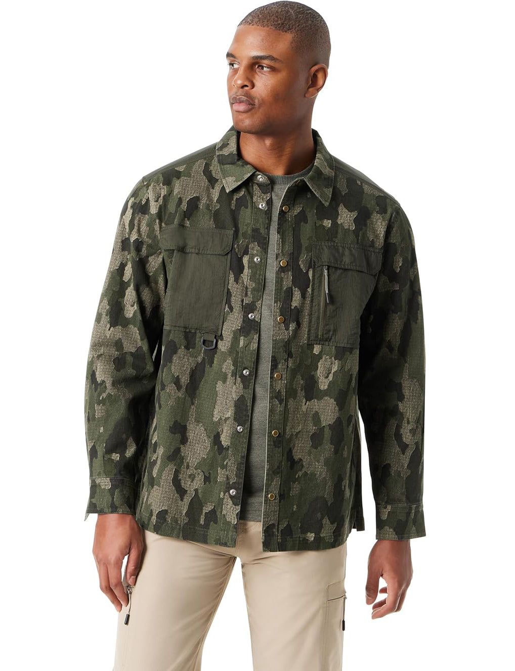 BASS OUTDOOR Men's Relaxed Fit Camo Worker Snap Front Shirt Jacket  Beluga Size M