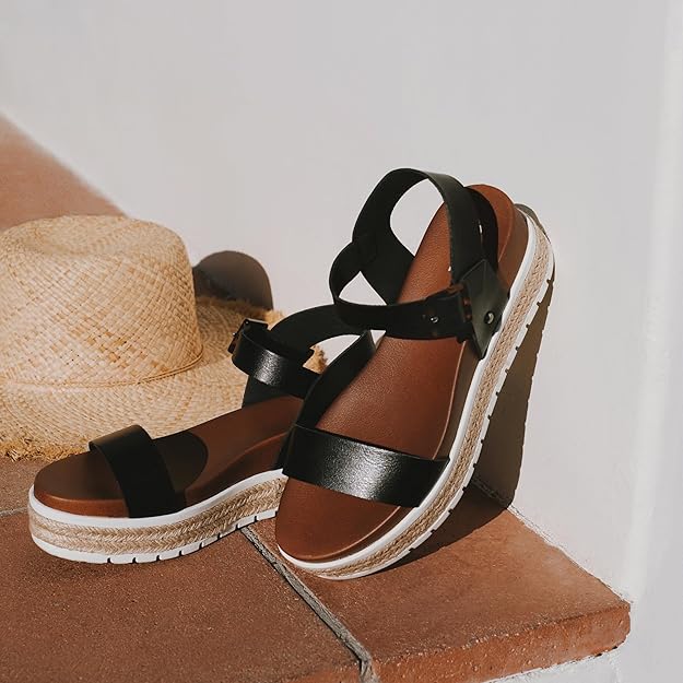 MIA Shoes Kiera Platform Espadrille Raffia Sole Sandals  Black Bona Size 6