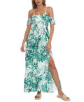 Raviya WOMEN'S PRINTED SMOCKED OFF THE SHOULDER SWIM DRESS  Color Green Size S