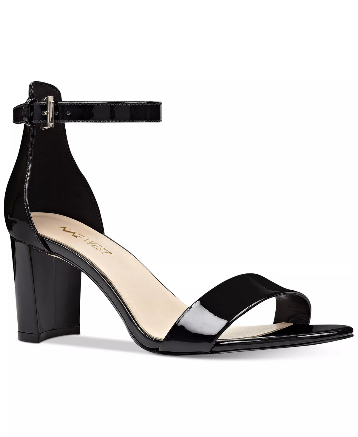 Nine West Women's Pruce High Block Heel Dress Sandals  Black Patent Size 10W
