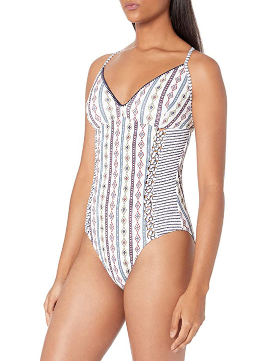 Jessica Simpson V-Neck One-Piece Swimsuit Bathing Suit  Color Moroccan Stripe White Size XL
