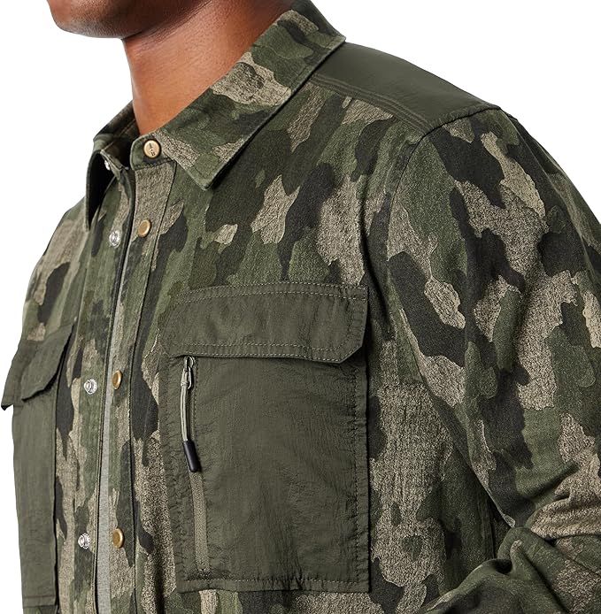 BASS OUTDOOR Men's Relaxed Fit Camo Worker Snap Front Shirt Jacket  Beluga Size M