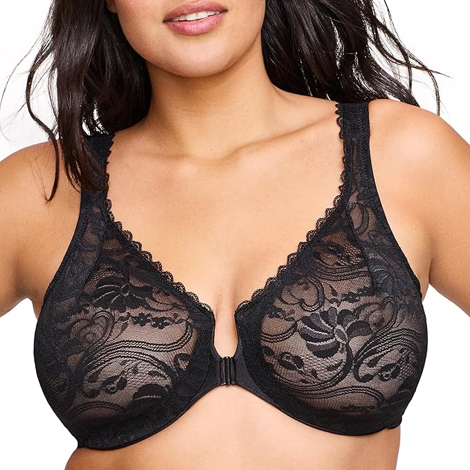 Glamorise Plus Size Wonderwire Lace Front-Closure Underwire Bra  Black Size 42F