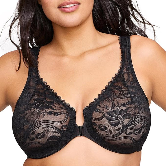 Glamorise Plus Size Wonderwire Lace Front-Closure Underwire Bra  Black Size 42F