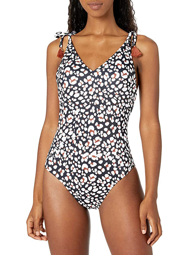 Jessica Simpson V-Neck One-Piece Swimsuit Bathing Suit  Color Black Leopard Print Size S