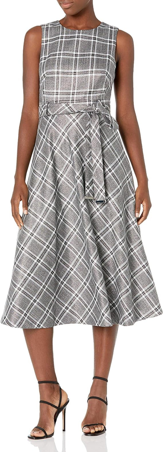 Calvin Klein Metallic Plaid Belted Dress  Color Black/Cream/Silver Size 2