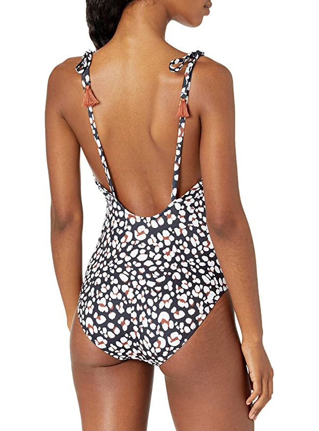 Jessica Simpson V-Neck One-Piece Swimsuit Bathing Suit  Color Black Leopard Print Size S