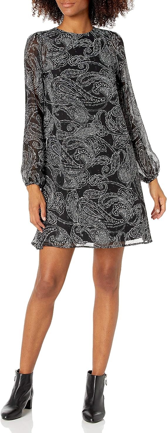 Calvin Klein Paisley Chiffon Trapeze Dress  Color Black/Cream Size 4