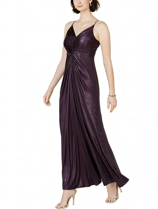 Adrianna Papell Allover Jersey Metallic Heather Knotted Gown  Color Aubergine Size 18